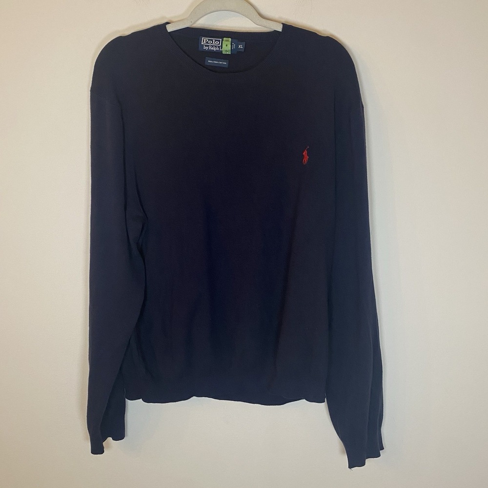 Vintage 90s‎ Men's Polo Ralph Lauren Pima Cotton Navy Blue Crewneck Sweater XL - Picture 4 of 11